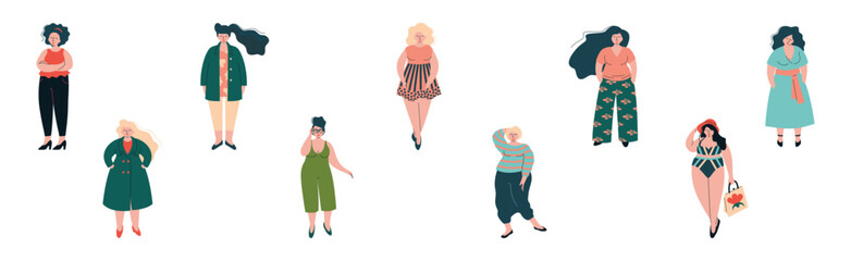 Happy Chubby Woman with Pretty Plus-size Body Vector Set