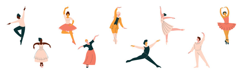 Man and Woman Ballerina Dancing and Performing on Stage Vector Set © topvectors