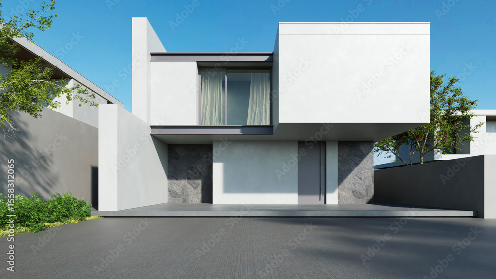 Aufkleber modern house, minimal architecture with empty wall and concrete garage driveway, 3d rendering of lux