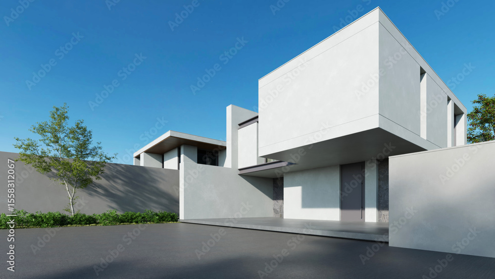 Poster Modern house, Minimal architecture with empty wall and concrete garage driveway, 3d rendering of luxury property building