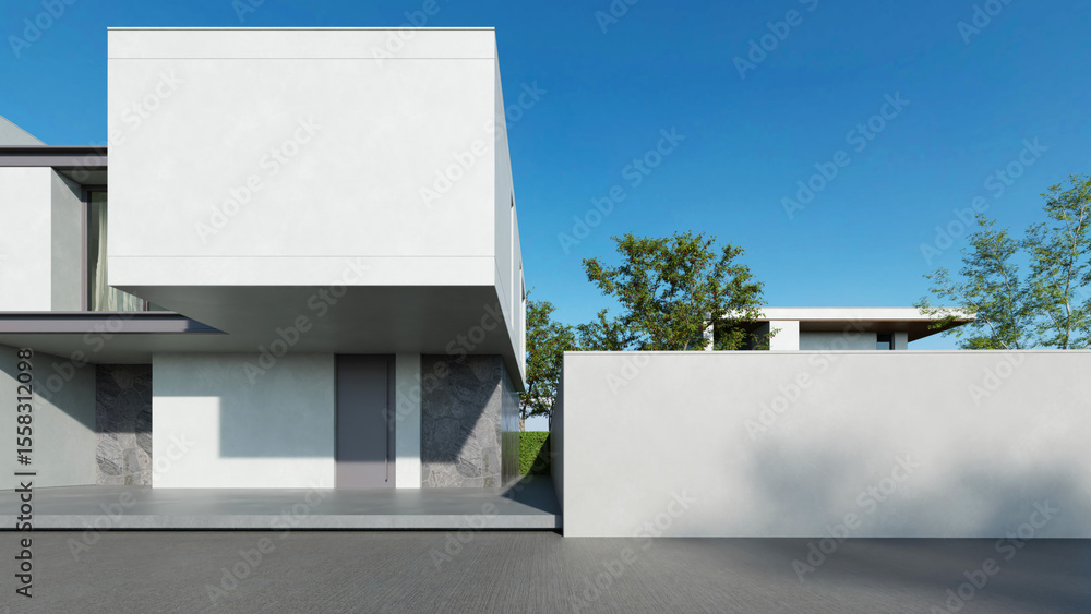 Poster modern house, minimal architecture with empty wall and concrete garage driveway, 3d rendering of lux