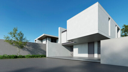 Modern house, Minimal architecture with empty wall and concrete garage driveway, 3d rendering of luxury property building