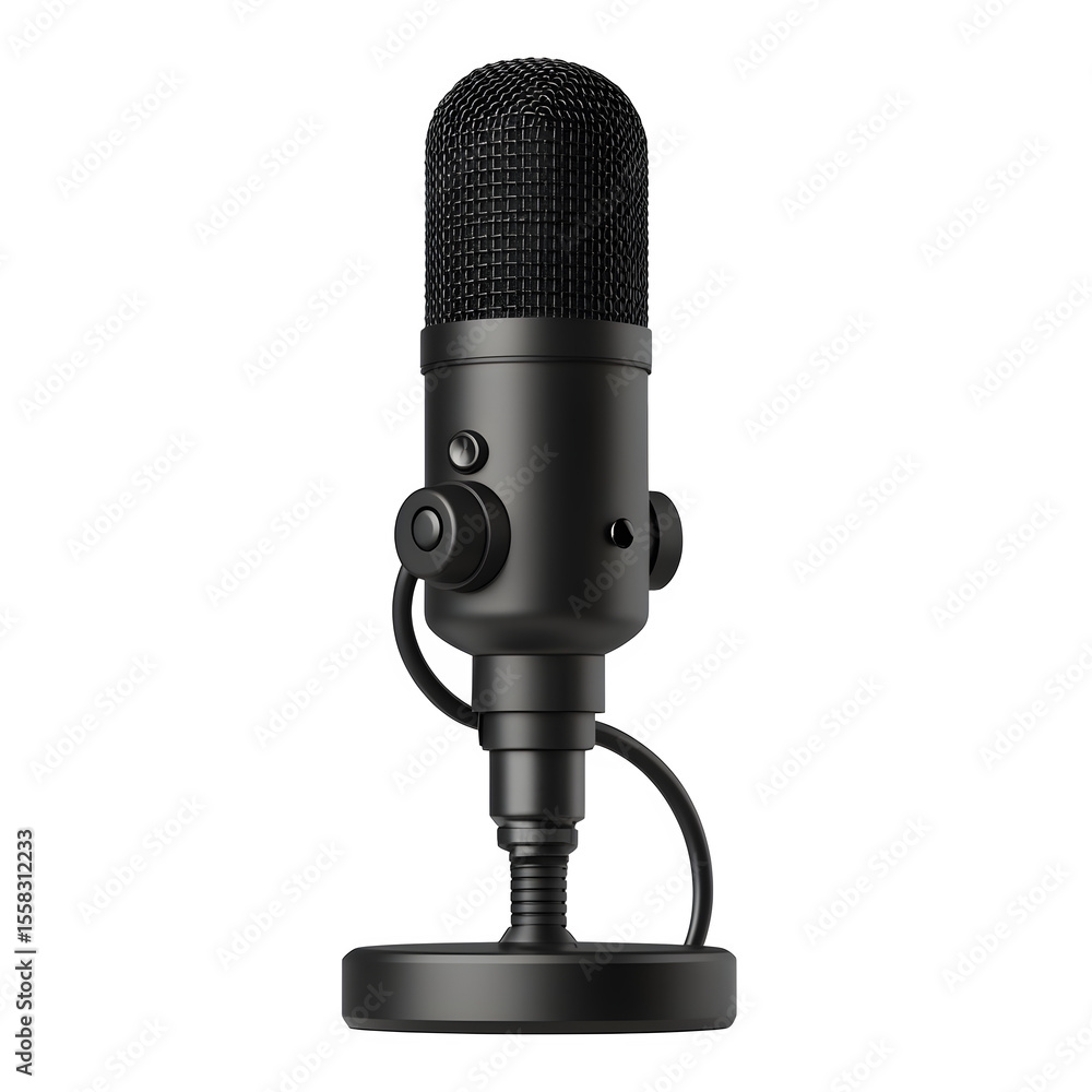 Aufkleber hyper realistic podcast condenser microphone perfect side profile view, isolated pure white backgrou