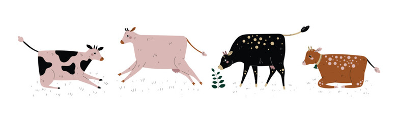 Cow with Udder and Bell Grazing on Pasture as Dairy Cattle Breeding and Farming Vector Set