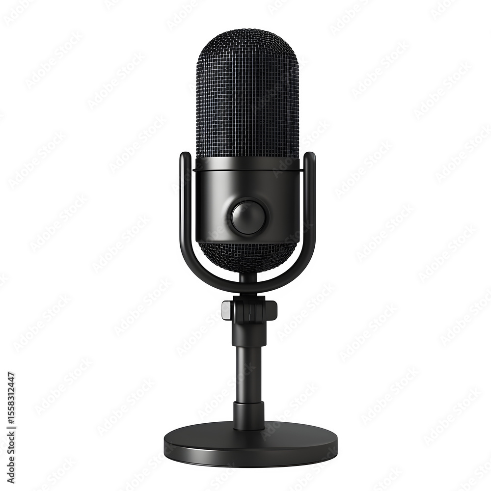 Poster hyper realistic podcast condenser microphone matte black isolated pure, white background subtle soft