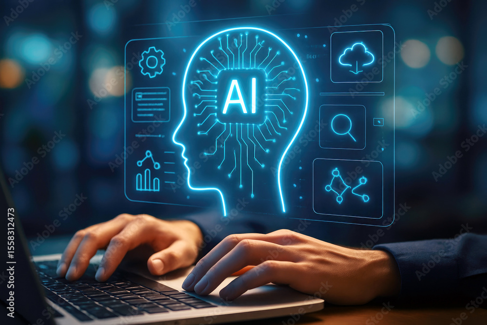 Poster glowing blue artificial intelligence human head interface with circuit patterns and icons above hand