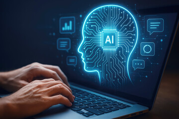 Glowing blue artificial intelligence human head circuit board technology