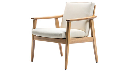 A simple, modern chair with a light beige upholstered seat and back, and light oak wood legs and frame isolated on white and transparent background