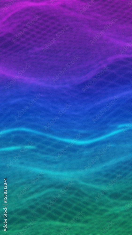 Poster gradual color transition from purple to blue and green wavy surface with a visible network grid text
