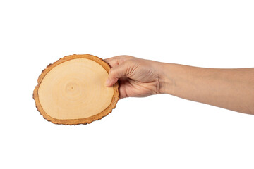 Wooden coaster for drinking water or props for taking photos in hand with a transparent background