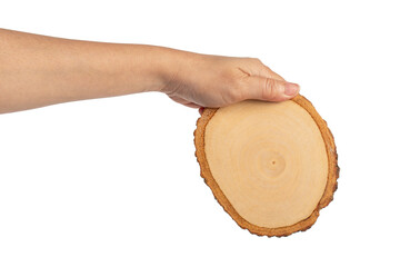 Wooden coaster for drinking water or props for taking photos in hand with a transparent background