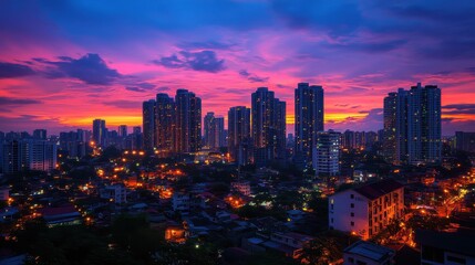 Obraz premium Cityscape view with pink sunset, featuring skyscrapers and urban lights. It represents urban life, travel, or a modern city background.