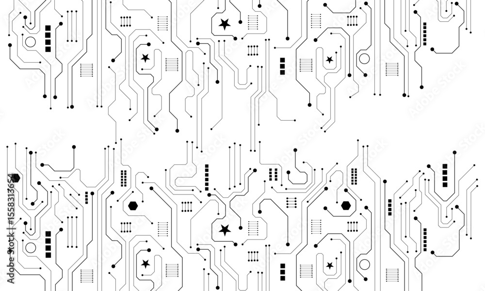 Aufkleber Black circuit diagram on white background. High-tech circuit board connection system.Vector abstract technology on white background.