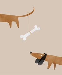 Vector Illustration Of Happy Brown Dog With Black Ears. Funny Dog Sniffing For A Bone. Hand Drawn Nursery Art with Sweet Basset Puppy On A Beige Background. Happy Dachshund. 