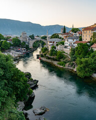 Old Bridge and Neretva River at sunset in Mostar, Bosnia and Herzegowina