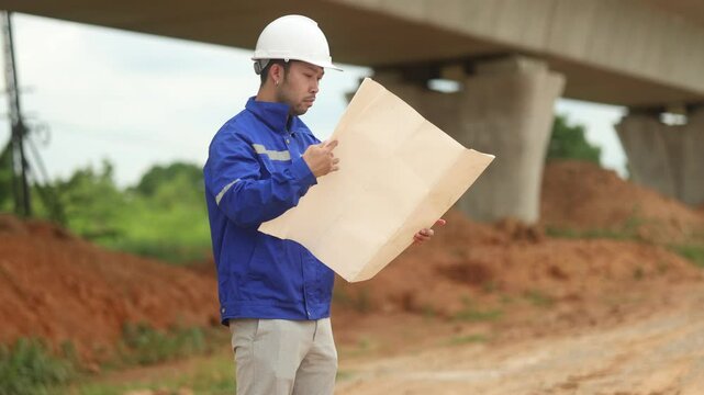inspector or engineer is inspecting construction and quality assurance new house using a blue print. Engineer or architects or contactor work to build the house before handing it over to the homeowner
