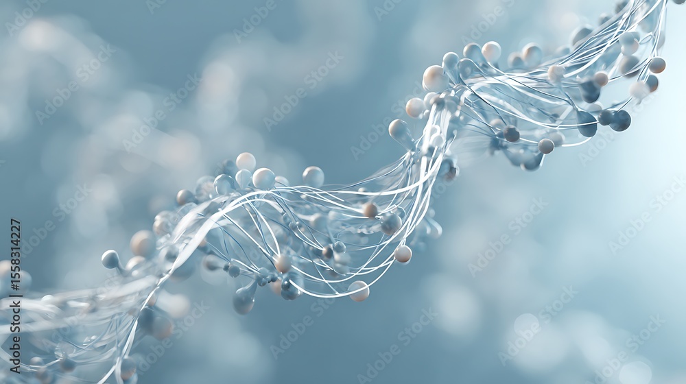 Poster abstract representation of interconnected spheres and lines against a soft blue background