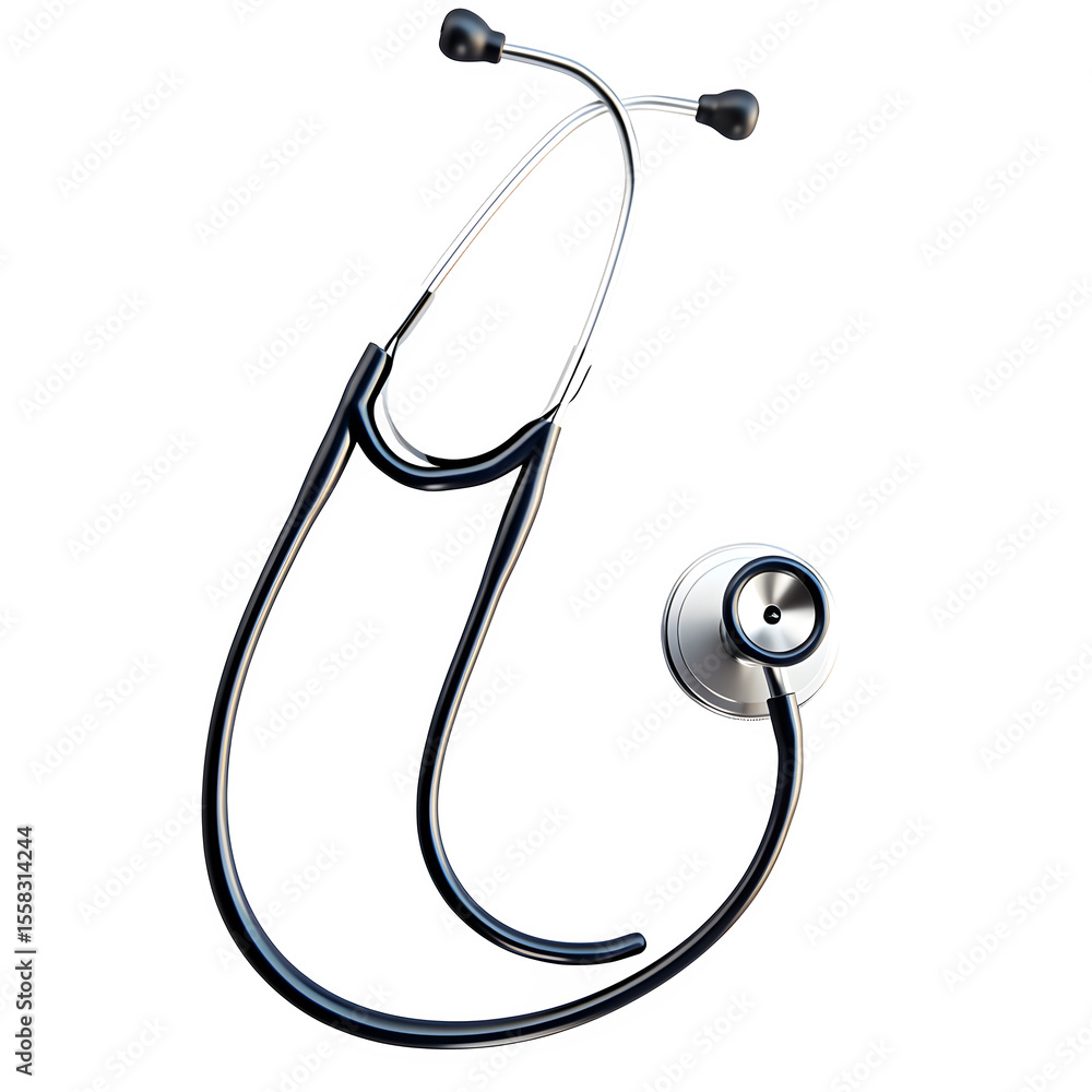 Poster hyper realistic stethoscope at degree hero angle soft coiling, isolated pure white background subtle