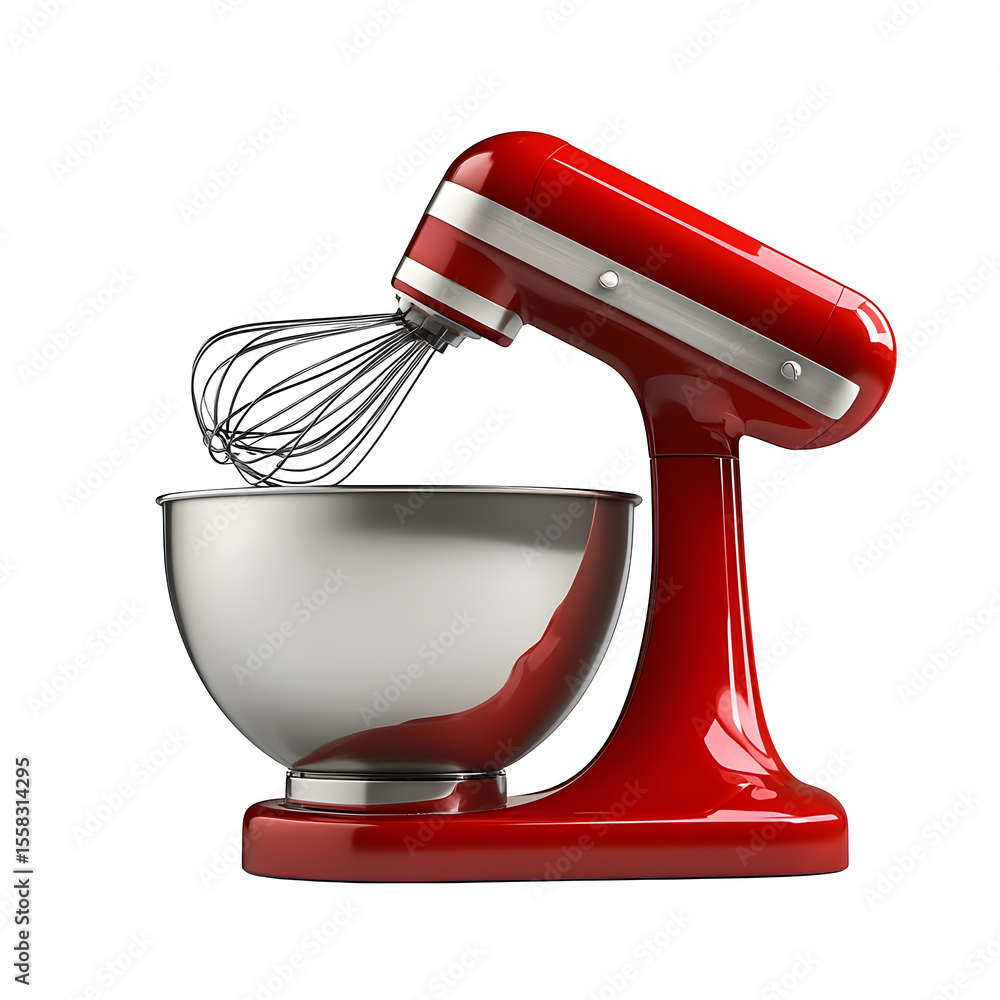 Poster hyper realistic stand mixer gloss red stainless bowl whisk, isolated pure white background subtle so
