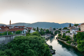 Old Bridge and Neretva River at sunset in Mostar, Bosnia and Herzegowina
