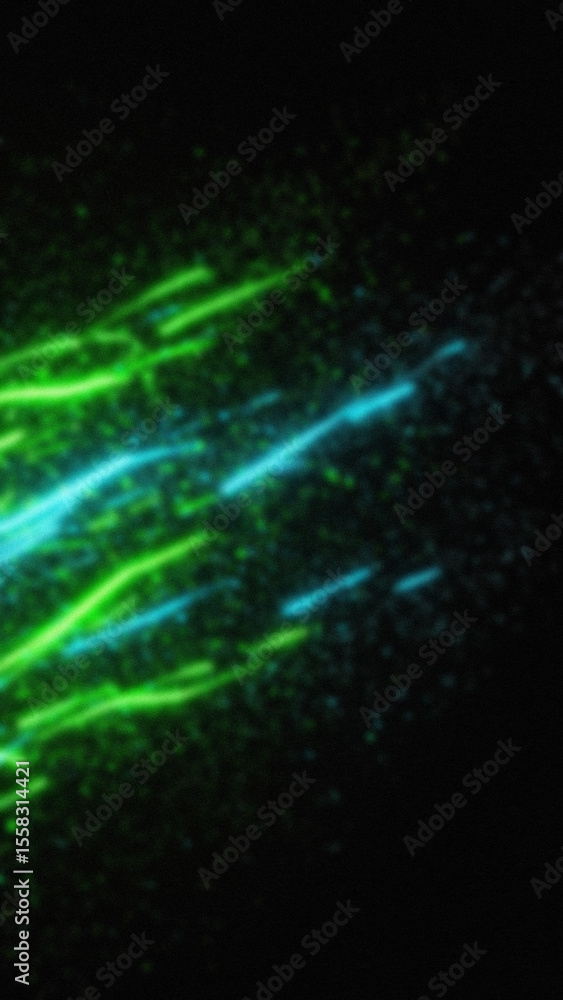 Poster abstract neon light streaks in green and blue hues on a dark background creating a blurred and dynam