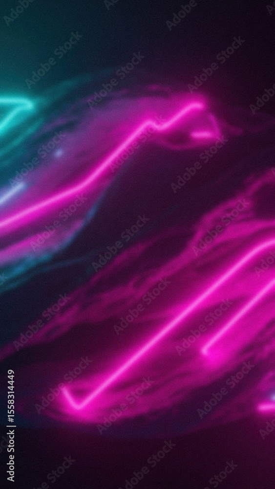 Poster abstract background features diagonal neon pink and teal lines with a smoky texture overlayed on a d