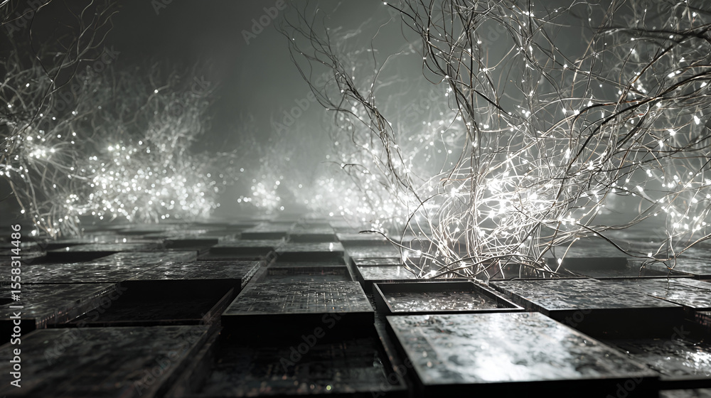 Poster abstract lighting with bare branches and tile floor background concept