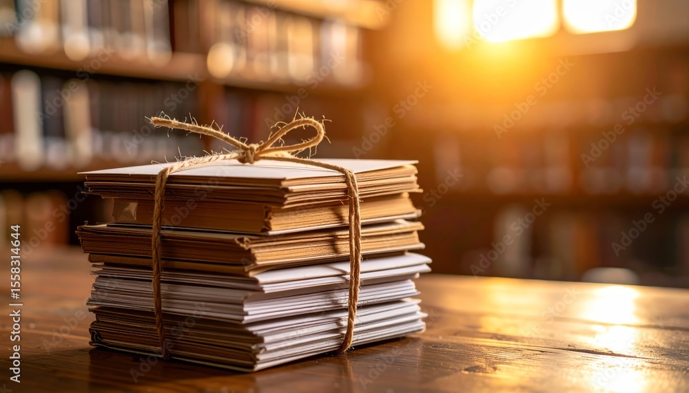 Poster stack of neatly bound paper with natural twine in library setting