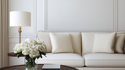 Elegant living room with a white sofa, matching pillows, a table lamp, and a bouquet of white roses on a wooden coffee table against a classic paneled wall.