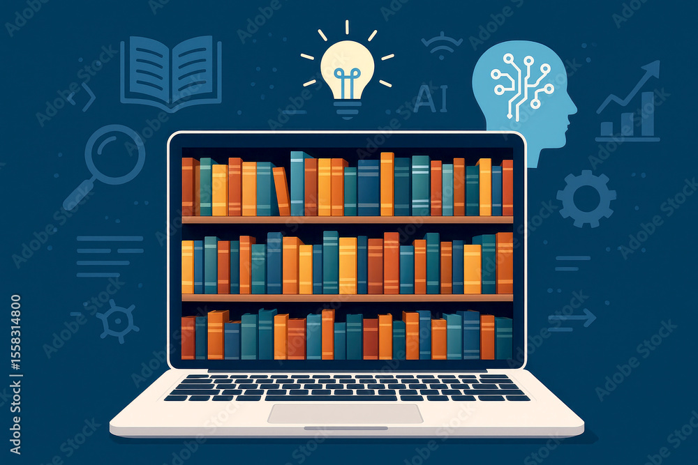 Poster laptop displaying digital library with ai and learning icons books bookshelf