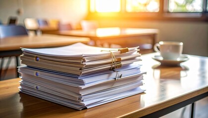 Stack of Documents on Wooden Table with Coffee Cup and Sunlight