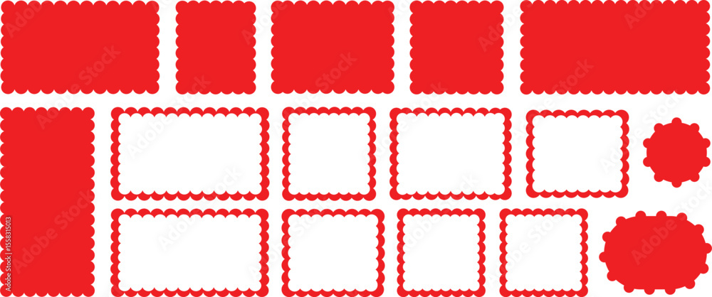 Poster red.geometric shapes with scallop and zigzag edges set. zig zag edge circle, square shape collection