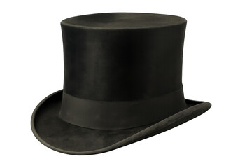 Vintage black top hat sitting against transparent backdrop, symbolizing elegance, formal attire, perfect for period productions and theatrical costume design