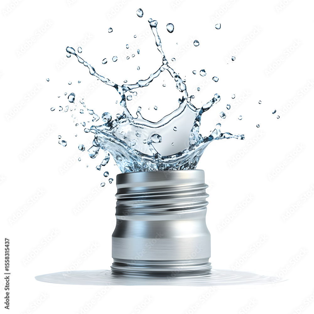 Poster hyper realistic stainless water bottle cap open splash isolated, pure white background subtle soft s
