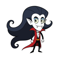 Mysterious vampire with long flowing dark hair depicted against a clean white background