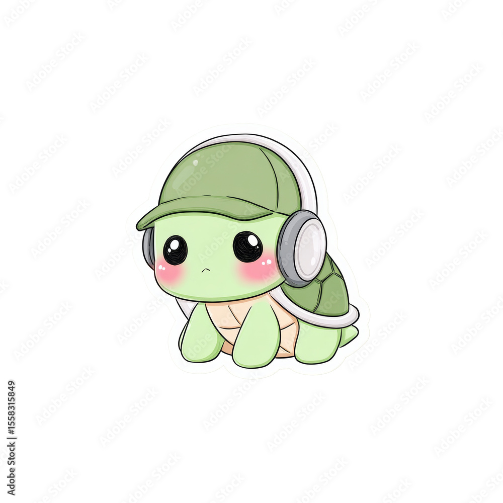 Poster charming turtle character in headphones and hat on a transparent background