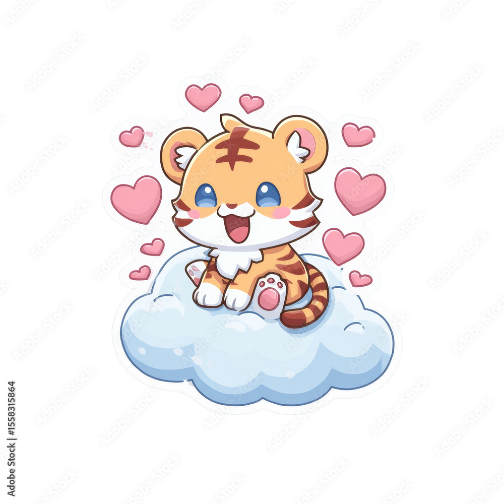 Aufkleber charming tiger cub afloat on a serene cloud surrounded by floating hearts of affection