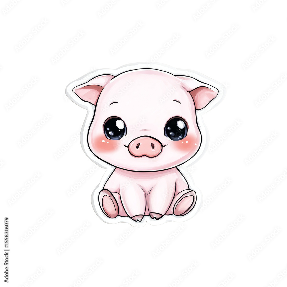 Poster adorable cartoon piglet with large, expressive eyes floating on isolated transparent backdrop
