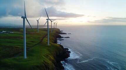 Coastal wind turbines generate clean energy at sunset, overlooking a dramatic ocean vista