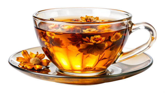 Close-up of a floral-patterned teacup and saucer filled with amber tea isolated on white and transparent background