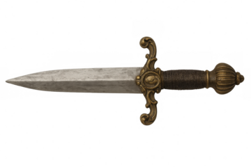Antique dagger with intricate hilt detailing, showcasing metalwork craftsmanship against pristine transparent backdrop