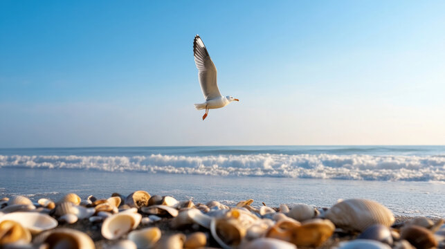  seagull soars above a sandy beach scattered with seashells under a clear blue sky and calm ocean waves.