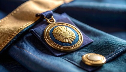 Close-Up of Decorative Medal with Intricate Design on Fabric Background