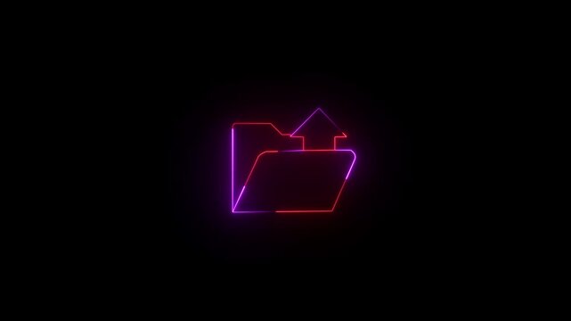 Glowing neon animation of a folder icon with an arrow, concept of uploading files to a folder.video animation .
