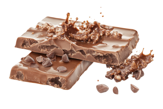 Rich chocolate bar with a splash of cocoa liquid isolated on transparent background, showcasing delicious textures and tantalizing details for dessert lovers