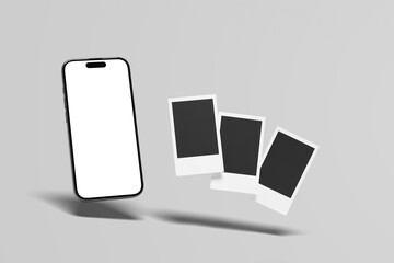 smartphone mockup with white screen. Black mobile phone isolated on white background, wiht retro photo frames with shadow isolated on white background.