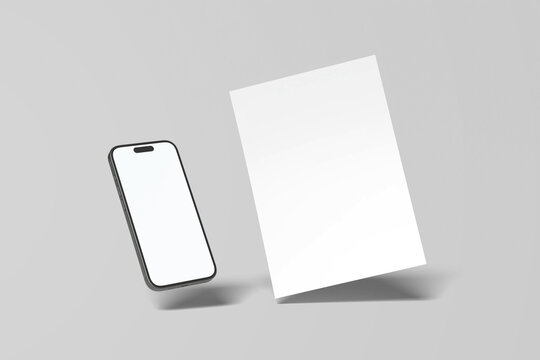 
smartphone mockup with white screen. Black mobile phone isolated on white background, White blank sheets of a4 paper size or documents mockup on a gray background. Template for design blank paper she