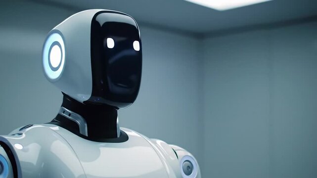 Close-up of a humanoid robot head in a sterile, white futuristic laboratory with soft ambient lighting