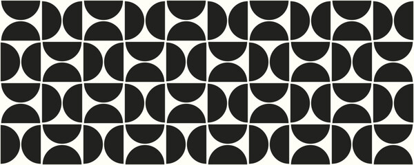 Abstract bauhaus seamless pattern. Half circle shapes background. Monochrome geometric simple art design. Black texture in bauhaus style. Vintage mosaic seamless pattern. Vector illustration.