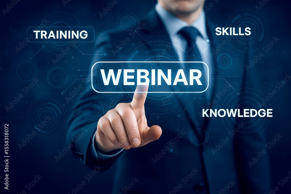Poster man touching futuristic webinar interface with training skills and knowledge technology